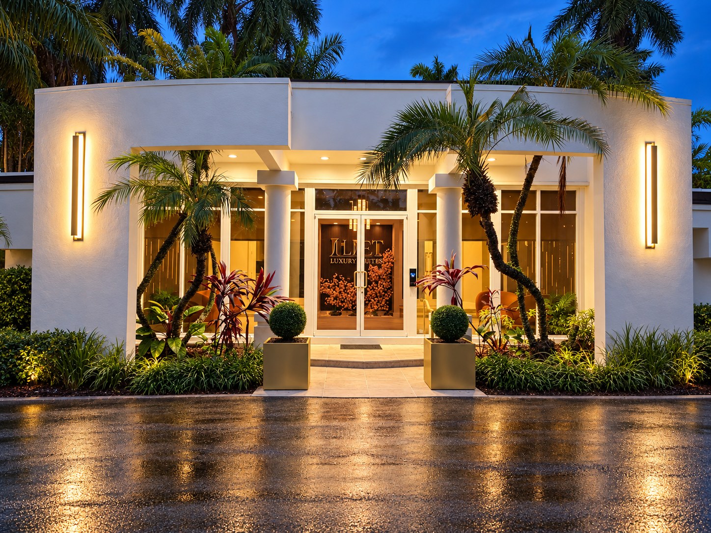 Iliet Luxury Suites main entrance at dusk, with warm golden lighting and wet pavement reflections