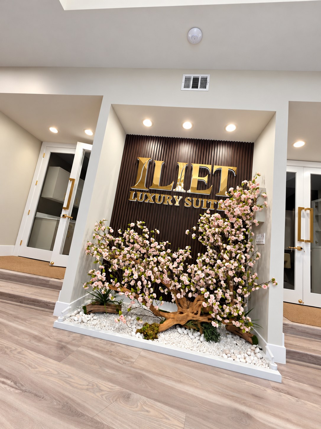 Gold Iliet Luxury Suites lettering on the reception feature wall with a decorative blossom tree