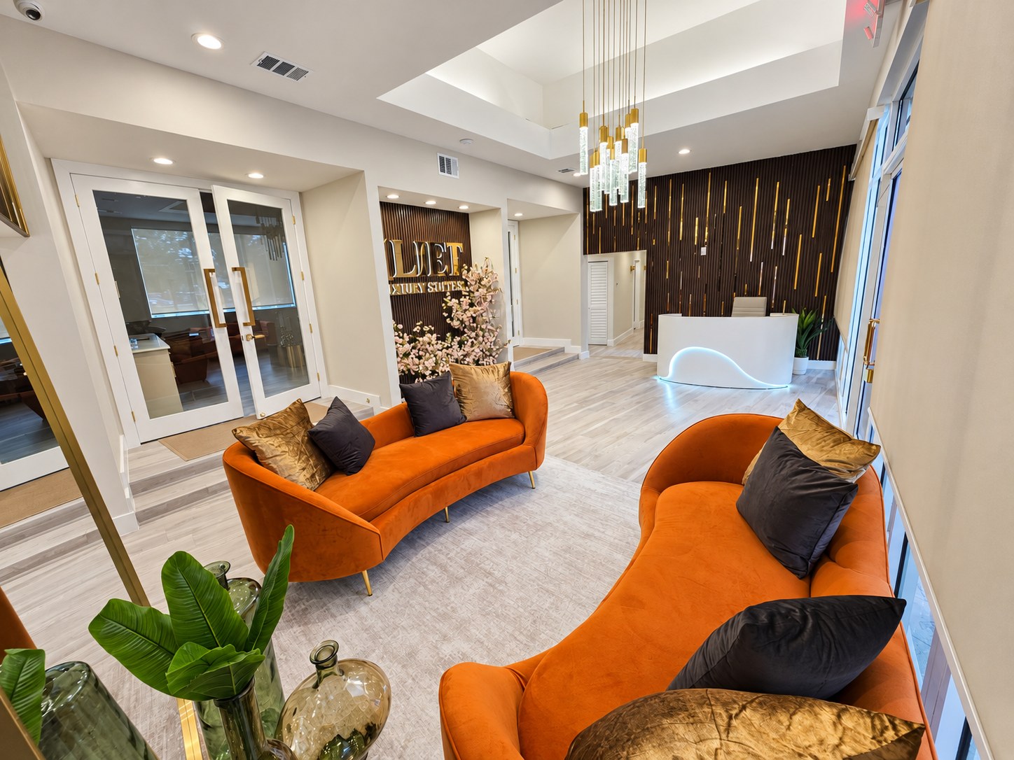 Wide view of the reception and lounge area from an elevated angle